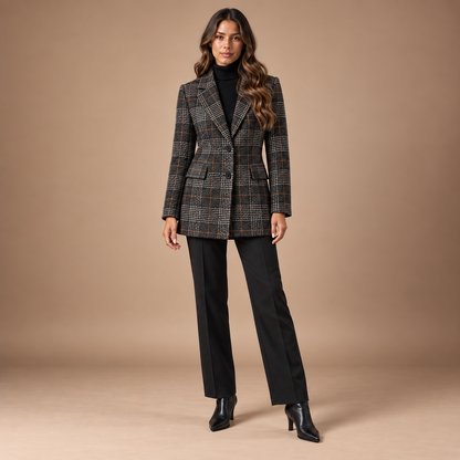 Geruite blazer dames in donkergrijs – volledige outfit