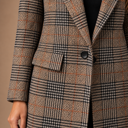 Geruite blazer dames in khaki – detail van ruitpatroon, knoop en klepzak