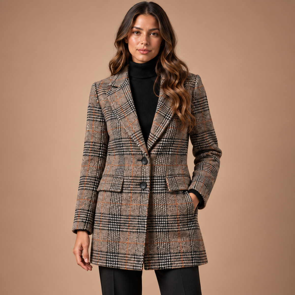 Geruite blazer dames in khaki – vooraanzicht met revers en knoopsluiting