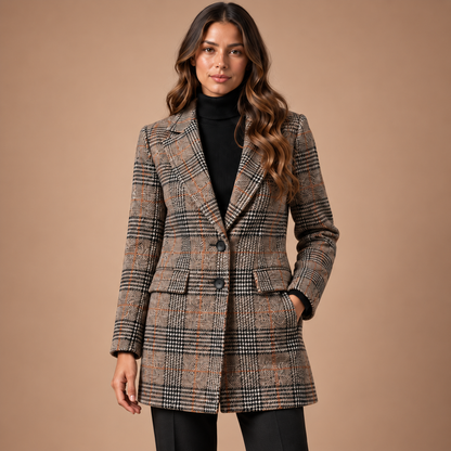 Geruite blazer dames in khaki – vooraanzicht met revers en knoopsluiting