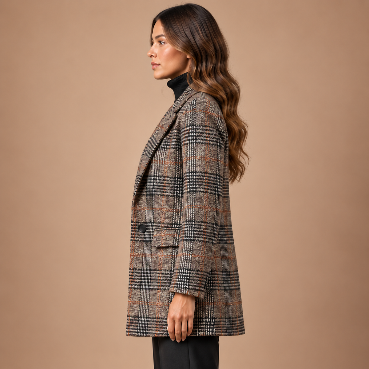 Geruite blazer dames in khaki – zijaanzicht van het lange model