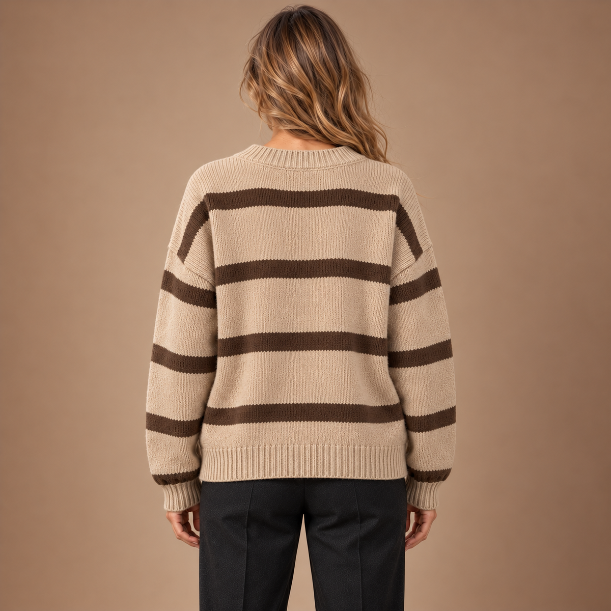 Gestreepte Trui Dames – Gebreide Pullover met Ronde Hals in khaki – achteraanzicht