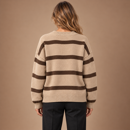 Gestreepte Trui Dames – Gebreide Pullover met Ronde Hals in khaki – achteraanzicht