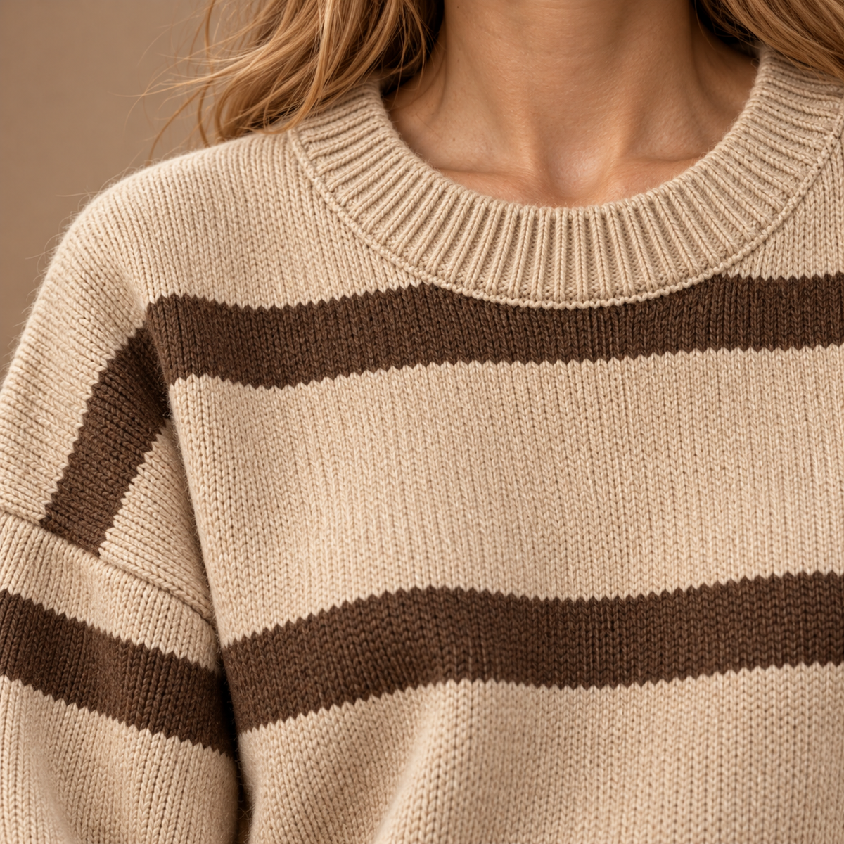 Gestreepte Trui Dames – Gebreide Pullover met Ronde Hals in khaki – breidetail