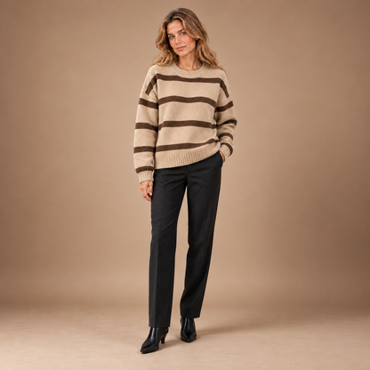 Gestreepte Trui Dames – Gebreide Pullover met Ronde Hals in khaki – volledig model