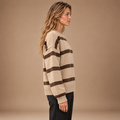 Gestreepte Trui Dames – Gebreide Pullover met Ronde Hals in khaki – zijaanzicht