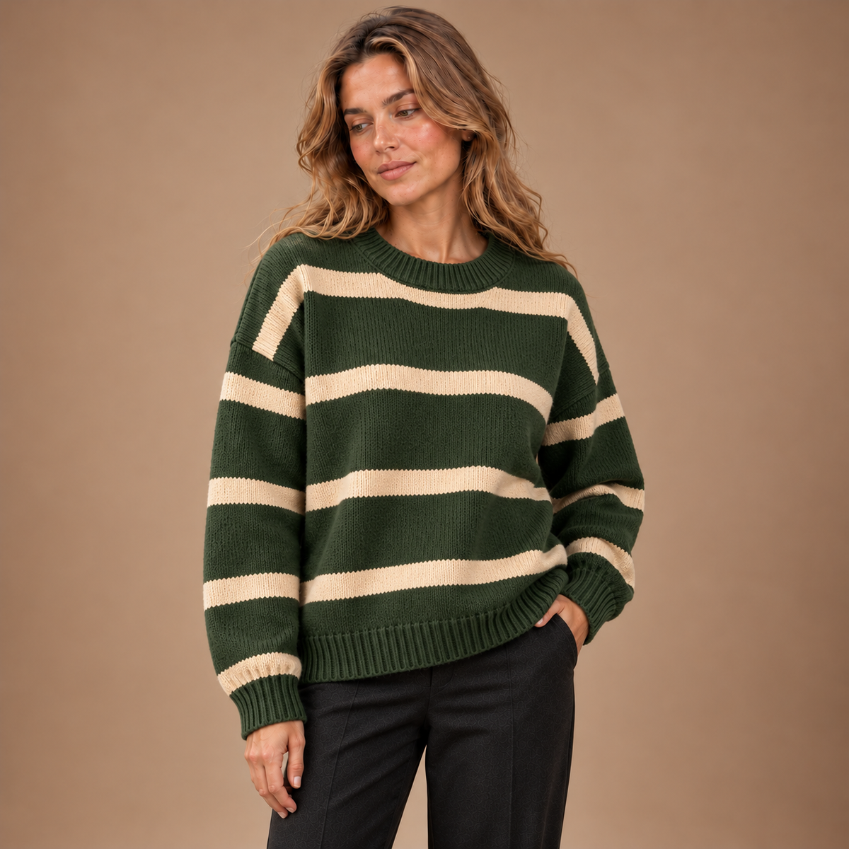 Gestreepte Trui Dames – Gebreide Pullover met Ronde Hals in varengroen – kleurvariant