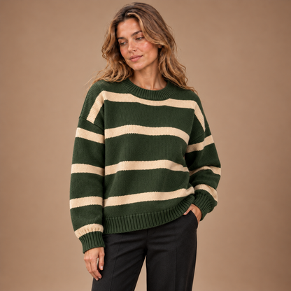 Gestreepte Trui Dames – Gebreide Pullover met Ronde Hals in varengroen – kleurvariant