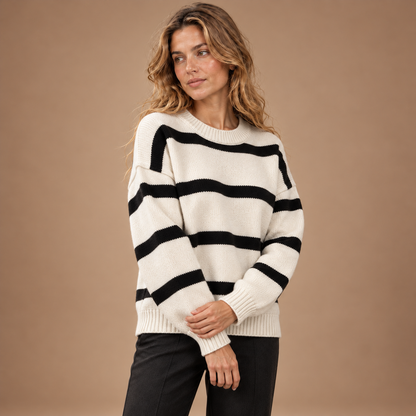 Gestreepte Trui Dames – Gebreide Pullover met Ronde Hals in wit/zwart – kleurvariant