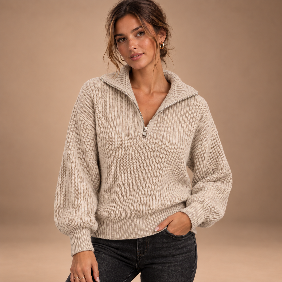 Beige half-zip trui voor dames – vooraanzicht