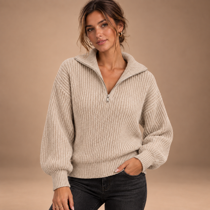 Beige half-zip trui voor dames – vooraanzicht