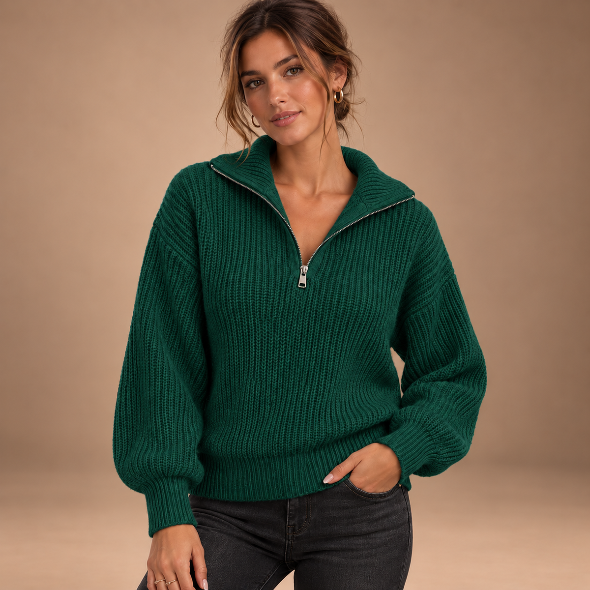 Donkergroene half-zip trui voor dames – vooraanzicht
