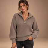Trui Dames Half Zip – Gebreide Pullover met Kraag en Wijde Mouwen