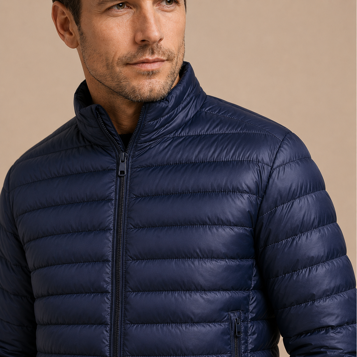 Heren Tussenjas Gewatteerd - Puffer Jas met Rits en Opstaande Kraag in navy – detailopname op beige studioachtergrond