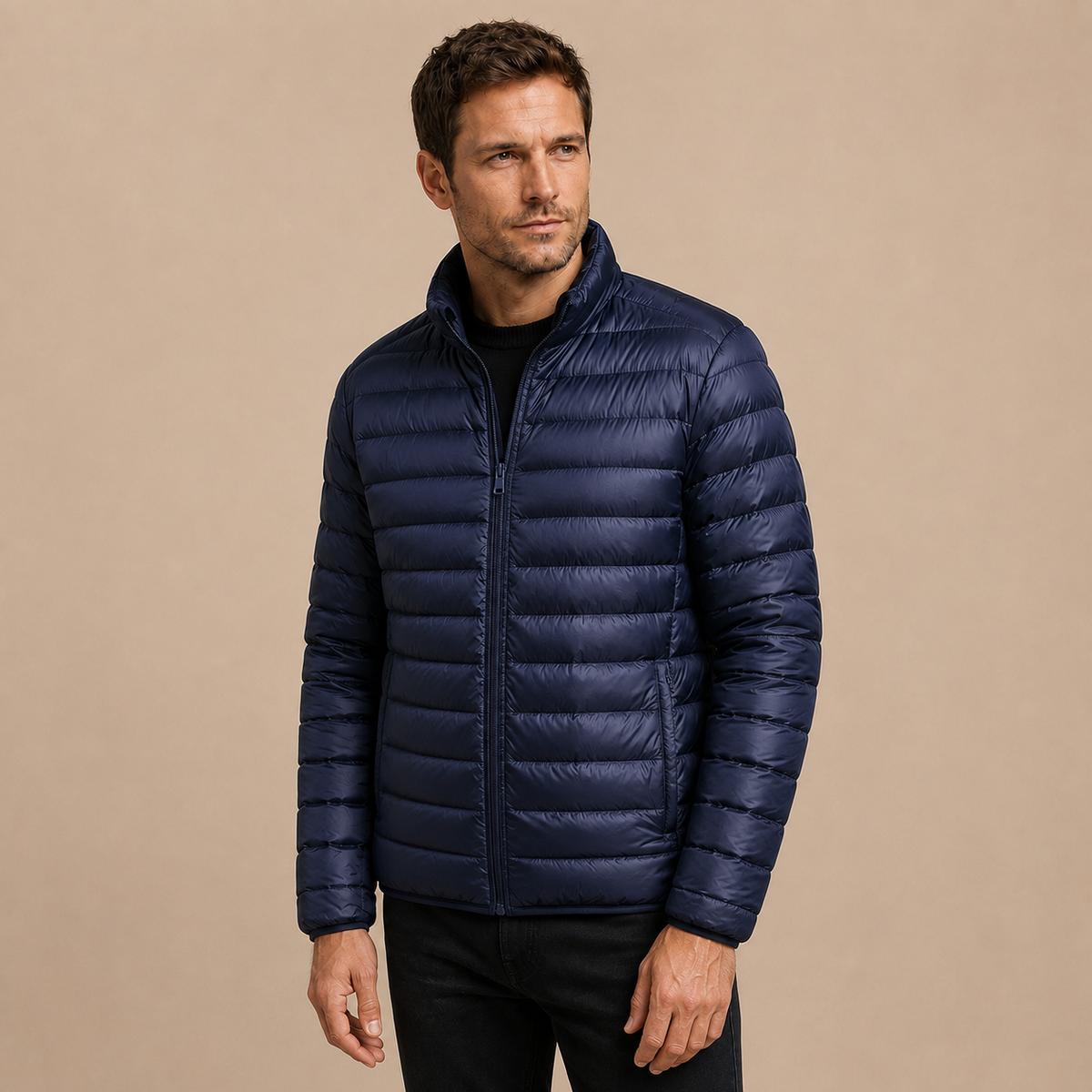 Heren Tussenjas Gewatteerd - Puffer Jas met Rits en Opstaande Kraag in navy – driekwartaanzicht op beige studioachtergrond