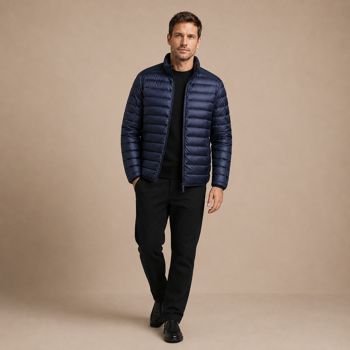 Heren Tussenjas Gewatteerd - Puffer Jas met Rits en Opstaande Kraag in navy – lifestylebeeld op beige studioachtergrond