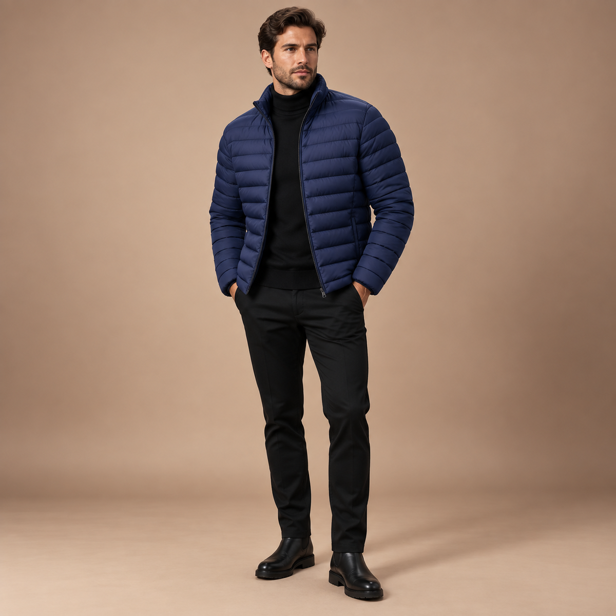 Marineblauwe gewatteerde winterjas heren met opstaande kraag volledige outfit