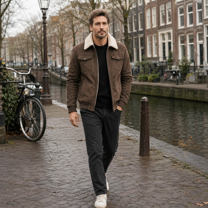 Bruine herenjas met lichte teddykraag, gedragen langs een gracht.