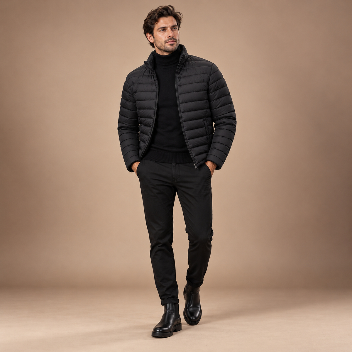 Zwarte gewatteerde winterjas heren volledige outfit