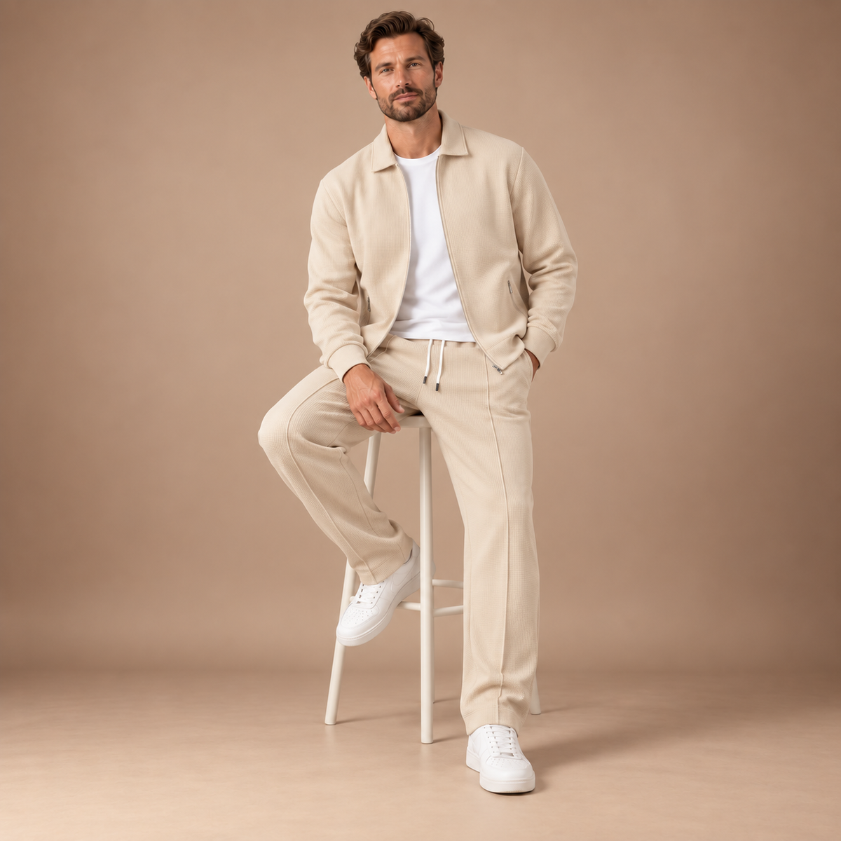 Beige heren huispak 2-delig in studio