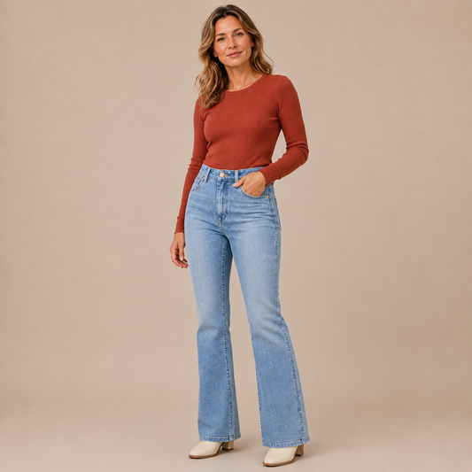 Jeans Dames Flared - High Waist Spijkerbroek met Bootcut Pijp in blauw – driekwartaanzicht op beige studioachtergrond