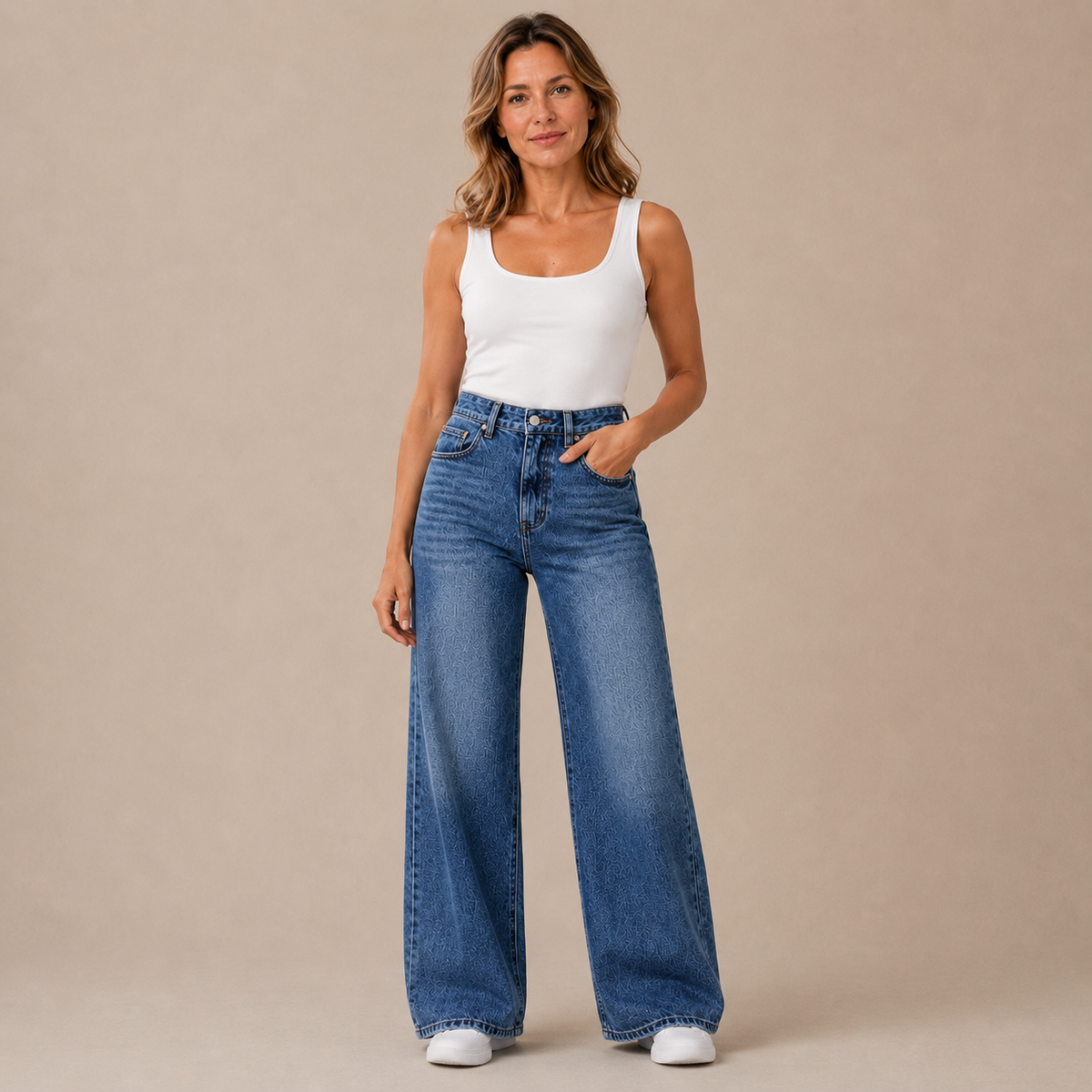 Jeans Dames Wide Leg - High Waist Spijkerbroek met Rechte Wijde Pijp in blauw – vooraanzicht op beige studioachtergrond