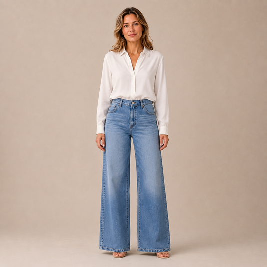 Jeans Dames Wide Leg - High Waist Spijkerbroek met Stretch en Wijde Pijp in blauw – vooraanzicht op beige studioachtergrond