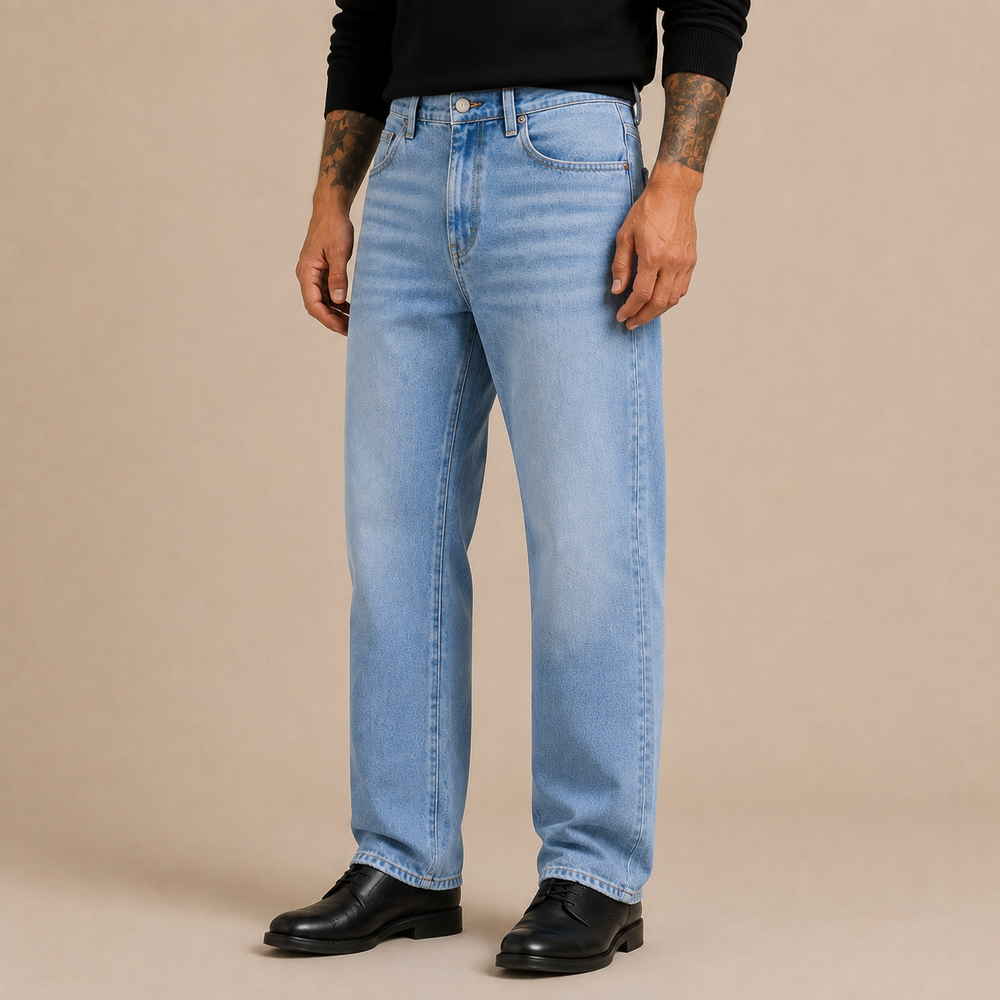 Jeans Heren Relaxed Fit - Rechte Spijkerbroek met Gewassen Denim en Rafelige Zoom