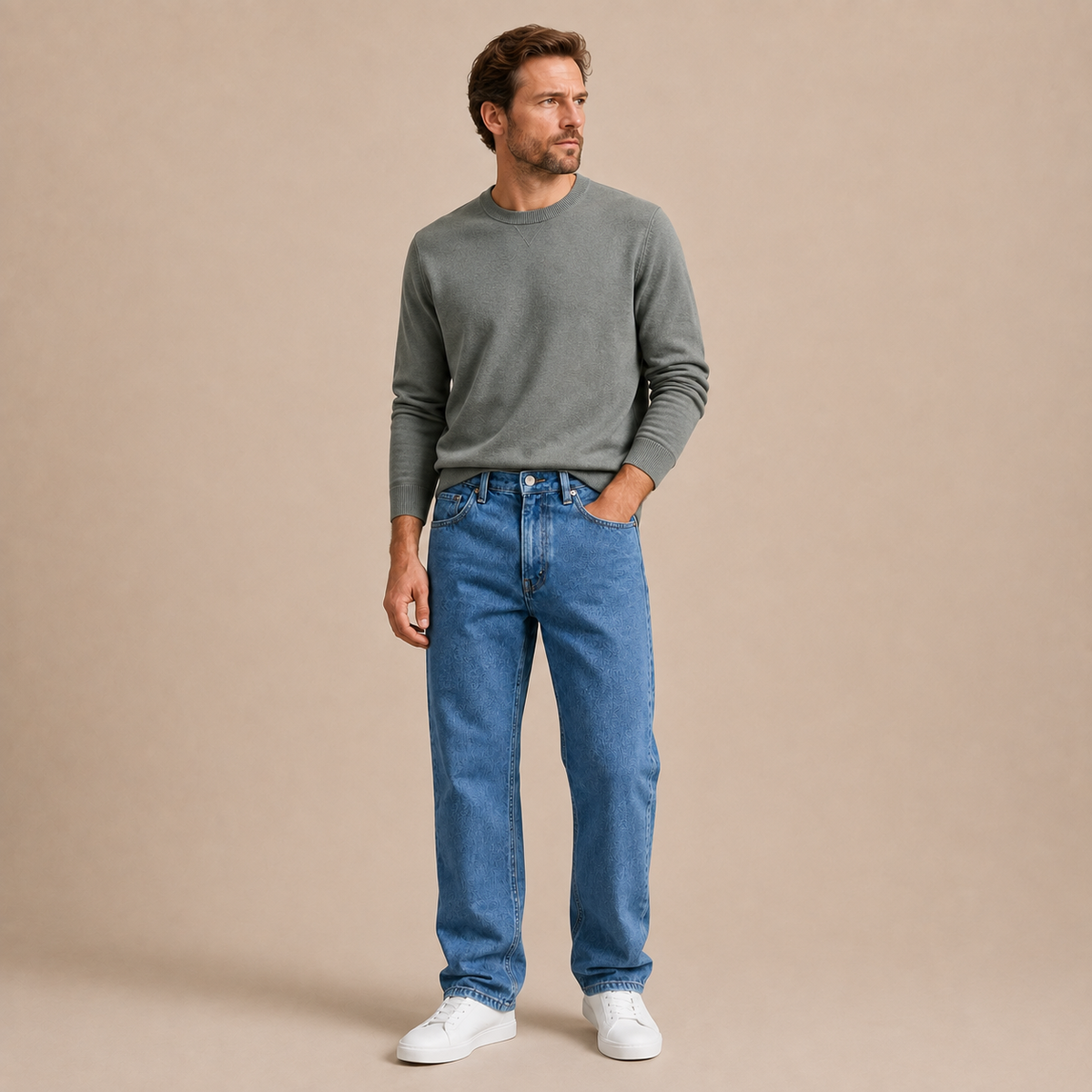 Man draagt relaxed straight jeans heren met utility jack en sneakers