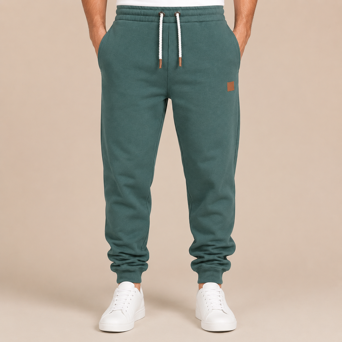 Joggingbroek Heren Casual - Sweatpants met Trekkoord Zijzakken en Elastische Boorden in green – productgericht vooraanzicht op beige studioachtergrond
