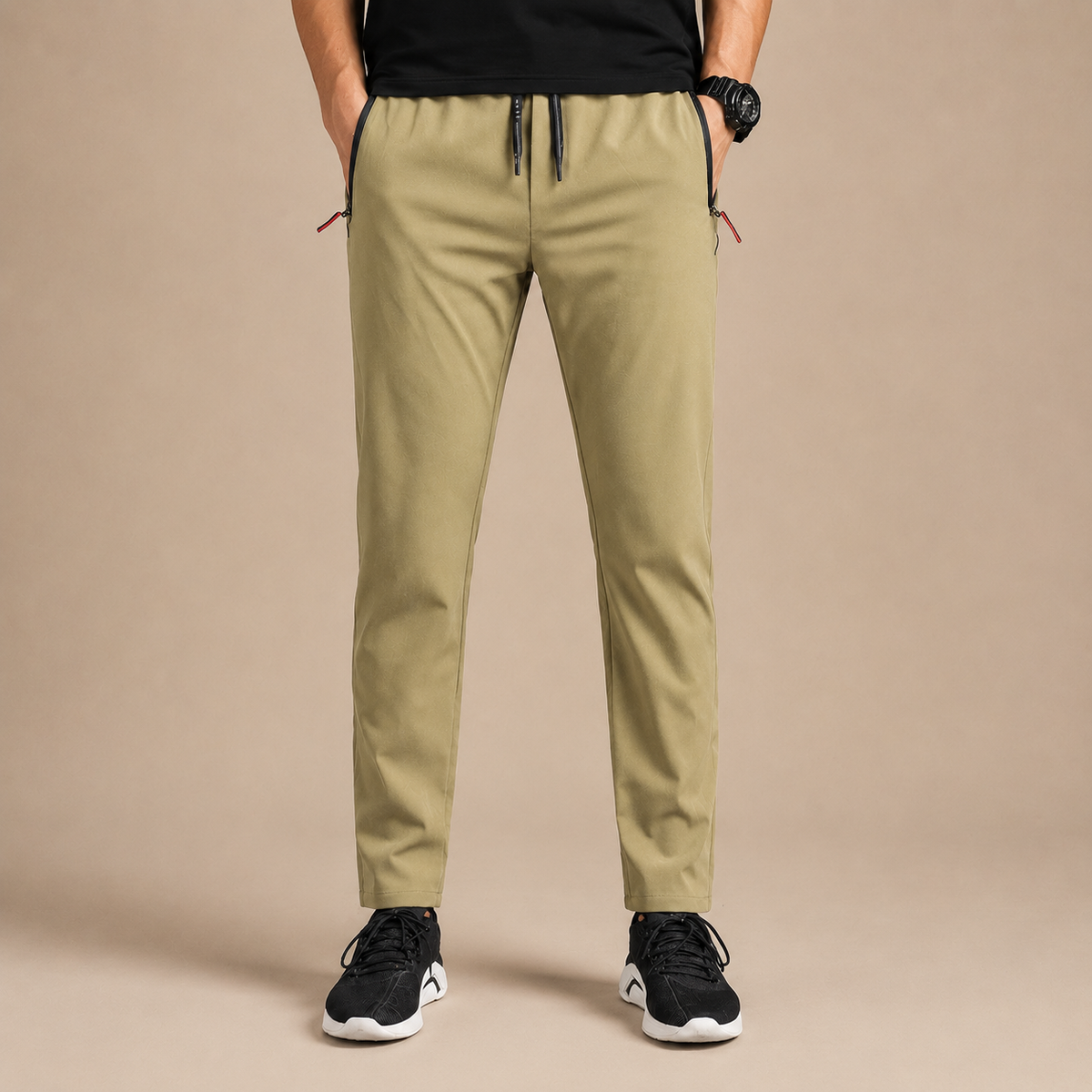 Joggingbroek Heren Sportief - Trainingsbroek met Ritszakken en Trekkoord in khaki – vooraanzicht op beige studioachtergrond