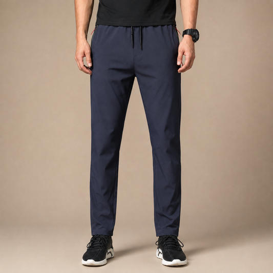 Joggingbroek Heren Sportief - Trainingsbroek met Ritszakken en Trekkoord in marineblauw – vooraanzicht op beige studioachtergrond