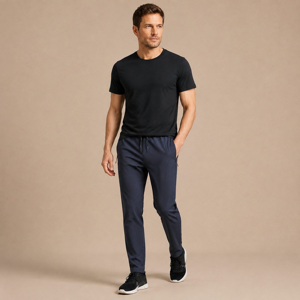 Joggingbroek Heren Sportief - Trainingsbroek met Ritszakken en Trekkoord in marineblauw – lifestylebeeld op beige studioachtergrond