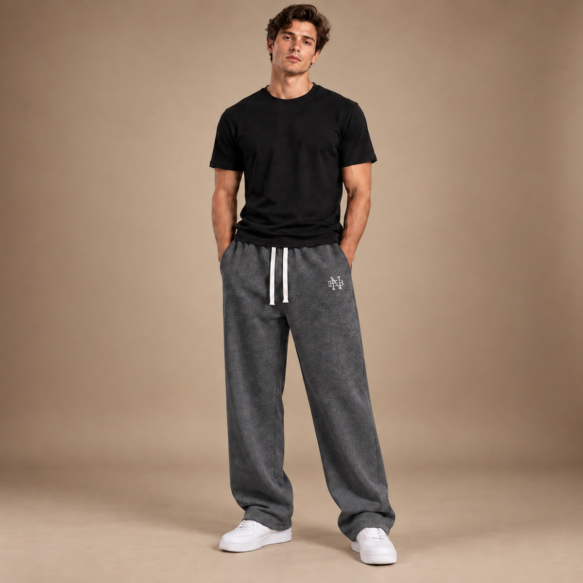 Joggingbroek heren wide leg donkergrijs met trekkoord