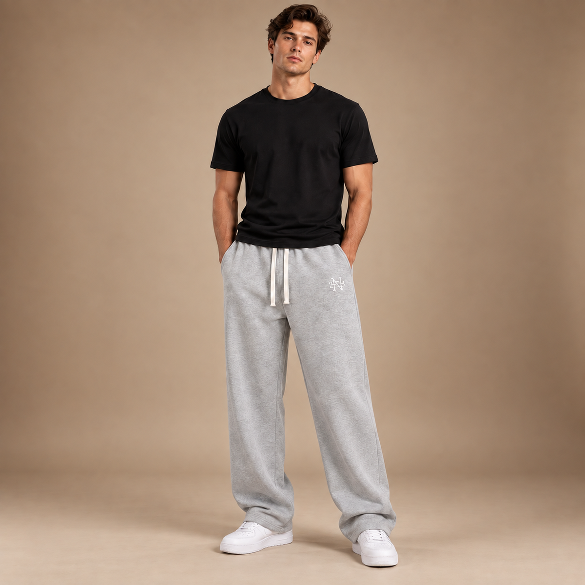 Joggingbroek heren wide leg lichtgrijs met elastische taille en trekkoord