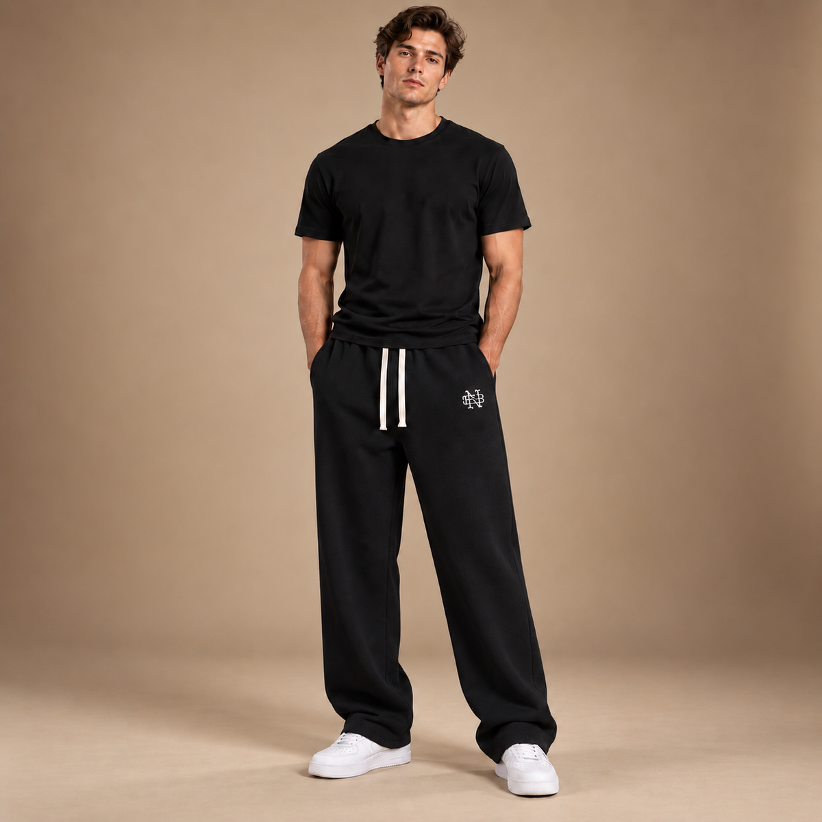 Joggingbroek heren wide leg zwart met trekkoord