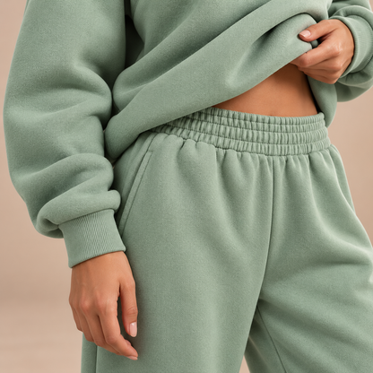 Joggingpak dames saliegroen - detail van stof en elastische taille