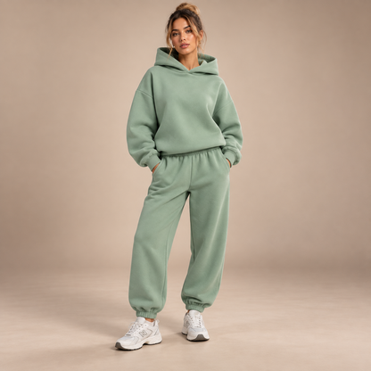 Joggingpak dames 2-delig saliegroen met hoodie en joggingbroek - vooraanzicht