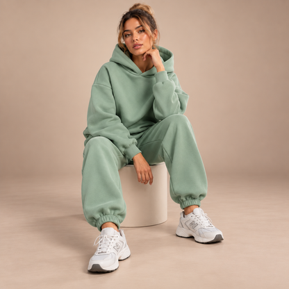 Joggingpak dames saliegroen 2-delig - zittende lifestyle studiofoto