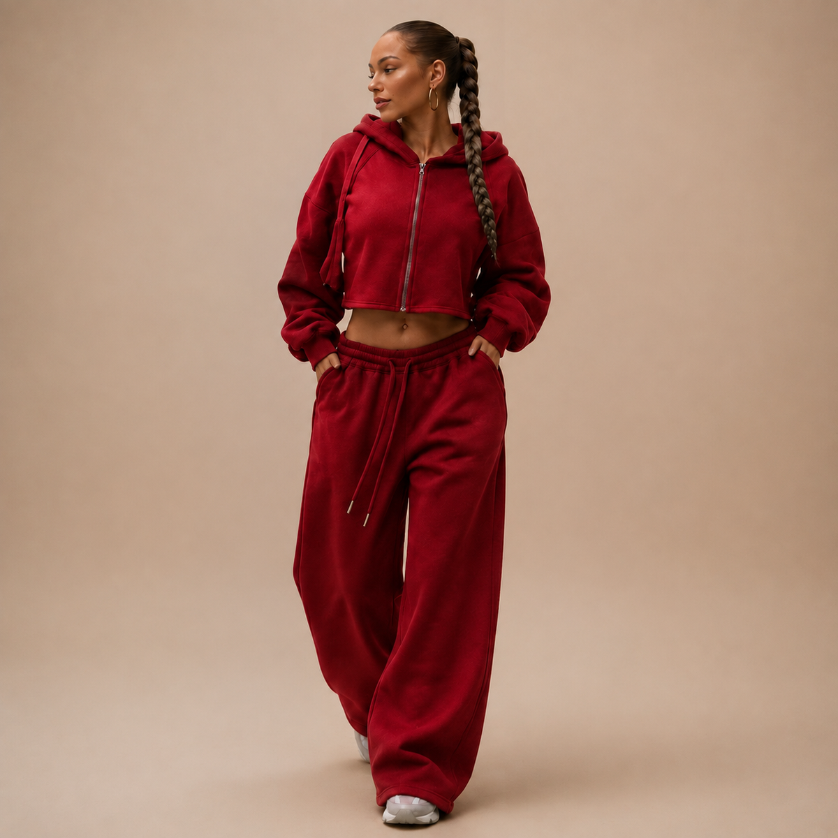 Bordeauxrood damesjoggingpak met korte ritshoodie en wijde broek, gedragen door een model.