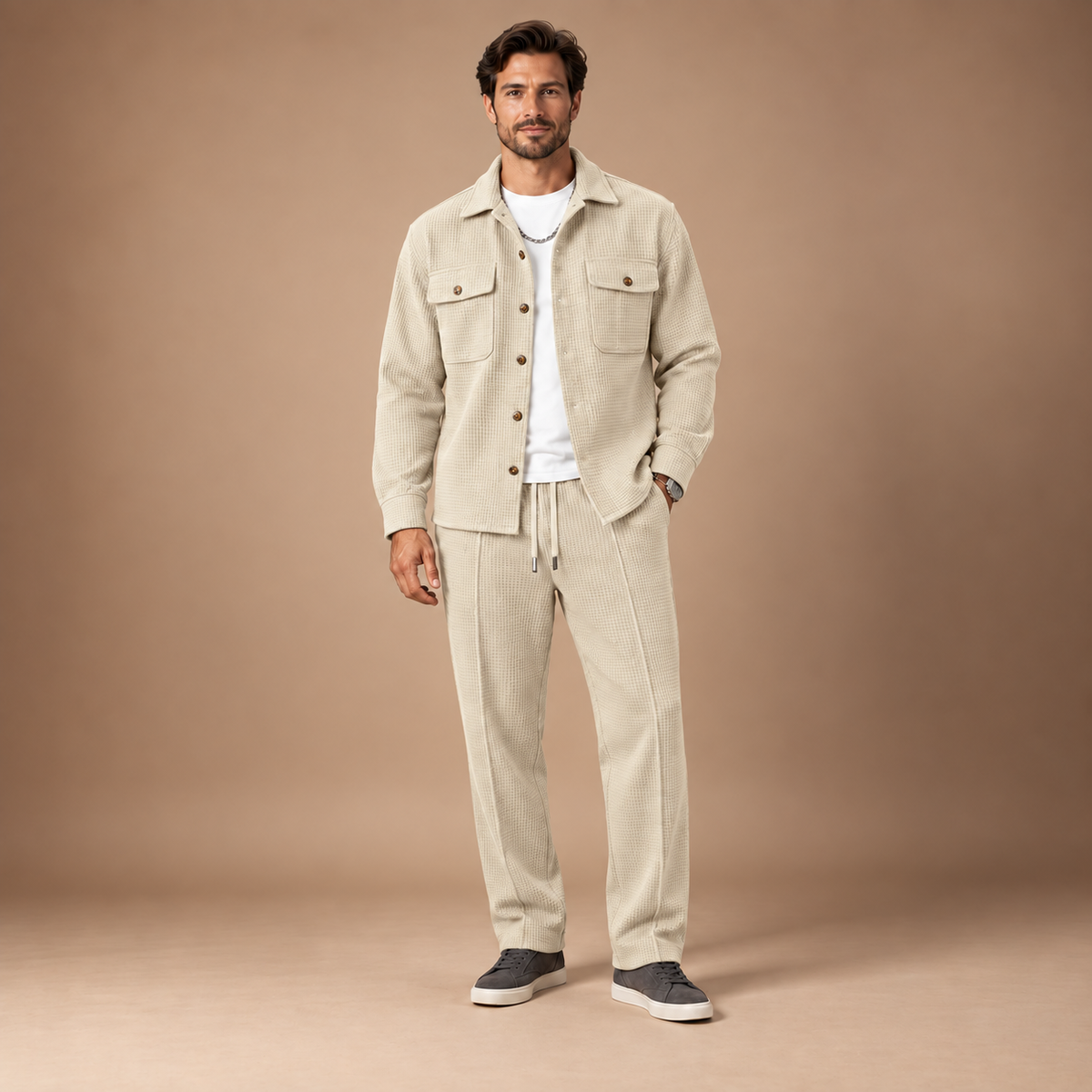 Tweedelig joggingpak heren met wafelstructuur in khaki – volledig outfitbeeld