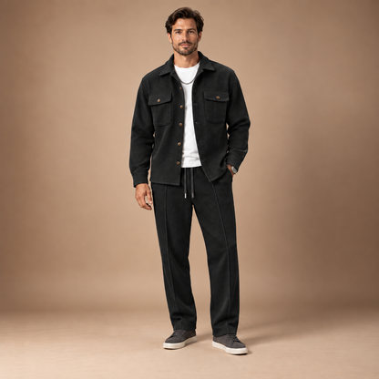 Tweedelig joggingpak heren met wafelstructuur in zwart – volledig outfitbeeld