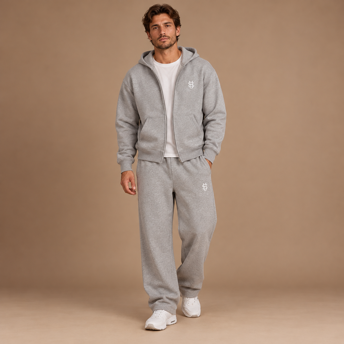 Joggingpak Heren – Set met Zip-Hoodie en Wijde Broek in lichtgrijs – volledig model