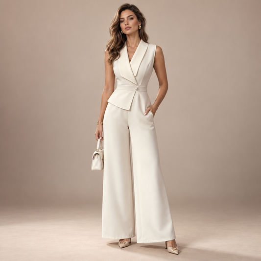 Elegante jumpsuit dames ivoor mouwloos met reverskraag en wijde pijpen volledige outfit