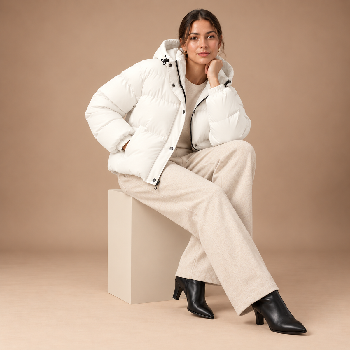 Witte korte pufferjas voor dames – studio editorial