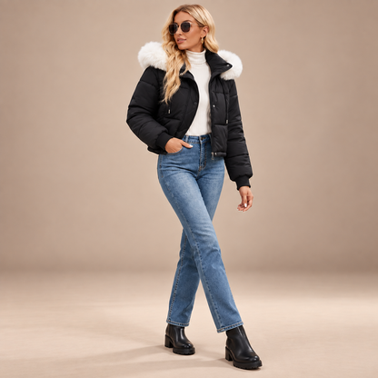 Korte zwarte dames pufferjas met witte faux-fur capuchon – driekwart aanzicht