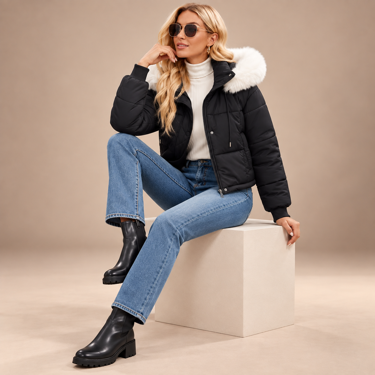 Korte zwarte winterjas voor dames met witte faux-fur capuchon – studio editorial