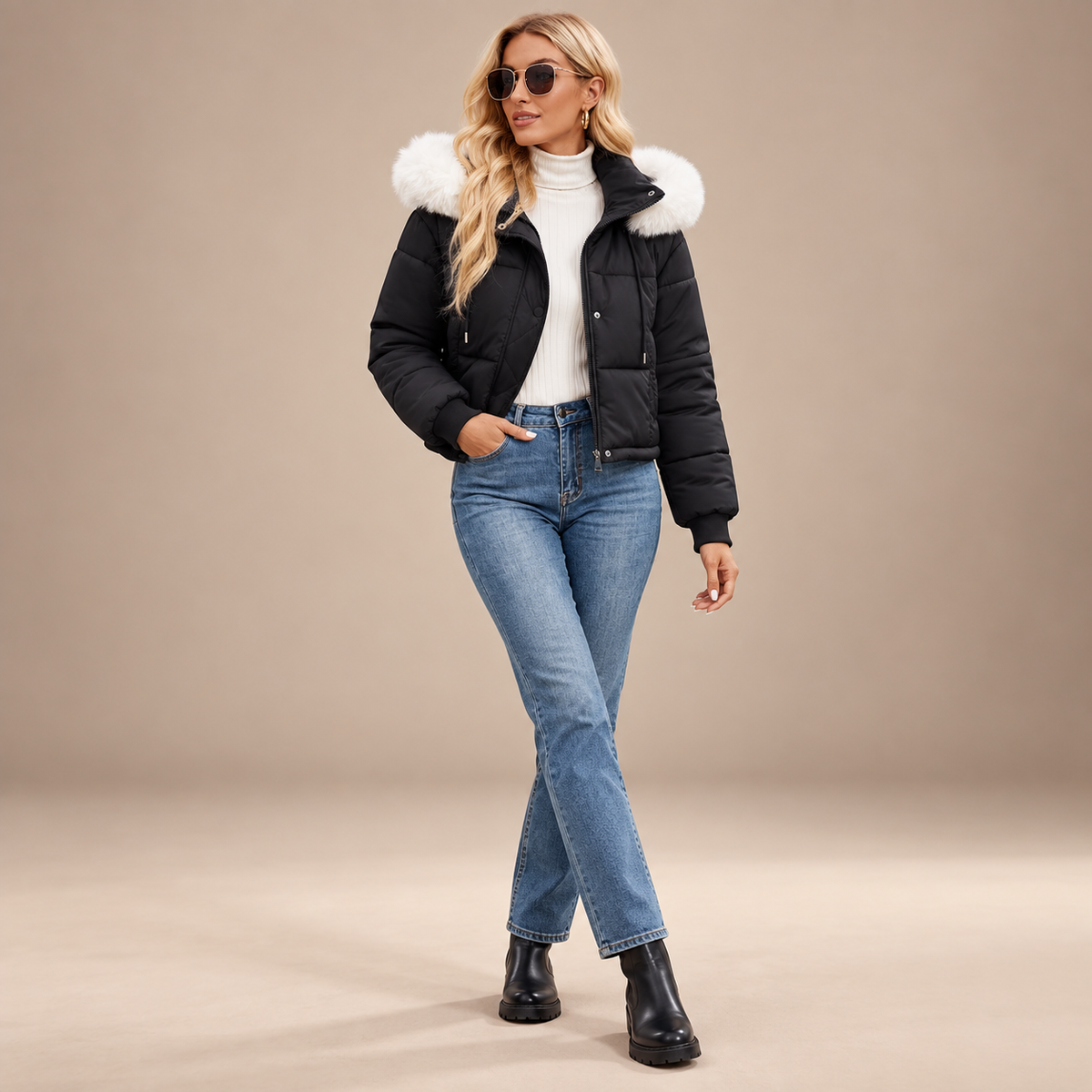 Korte zwarte pufferjas voor dames met witte faux-fur capuchon – vooraanzicht