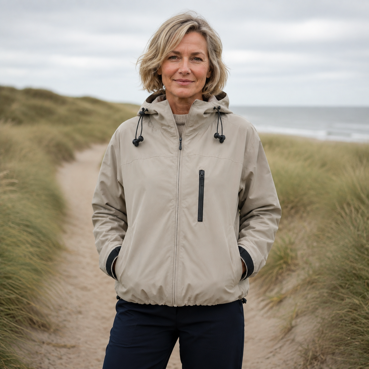 Beige korte damesjas met capuchon en zwarte borstrits, gedragen in de duinen.