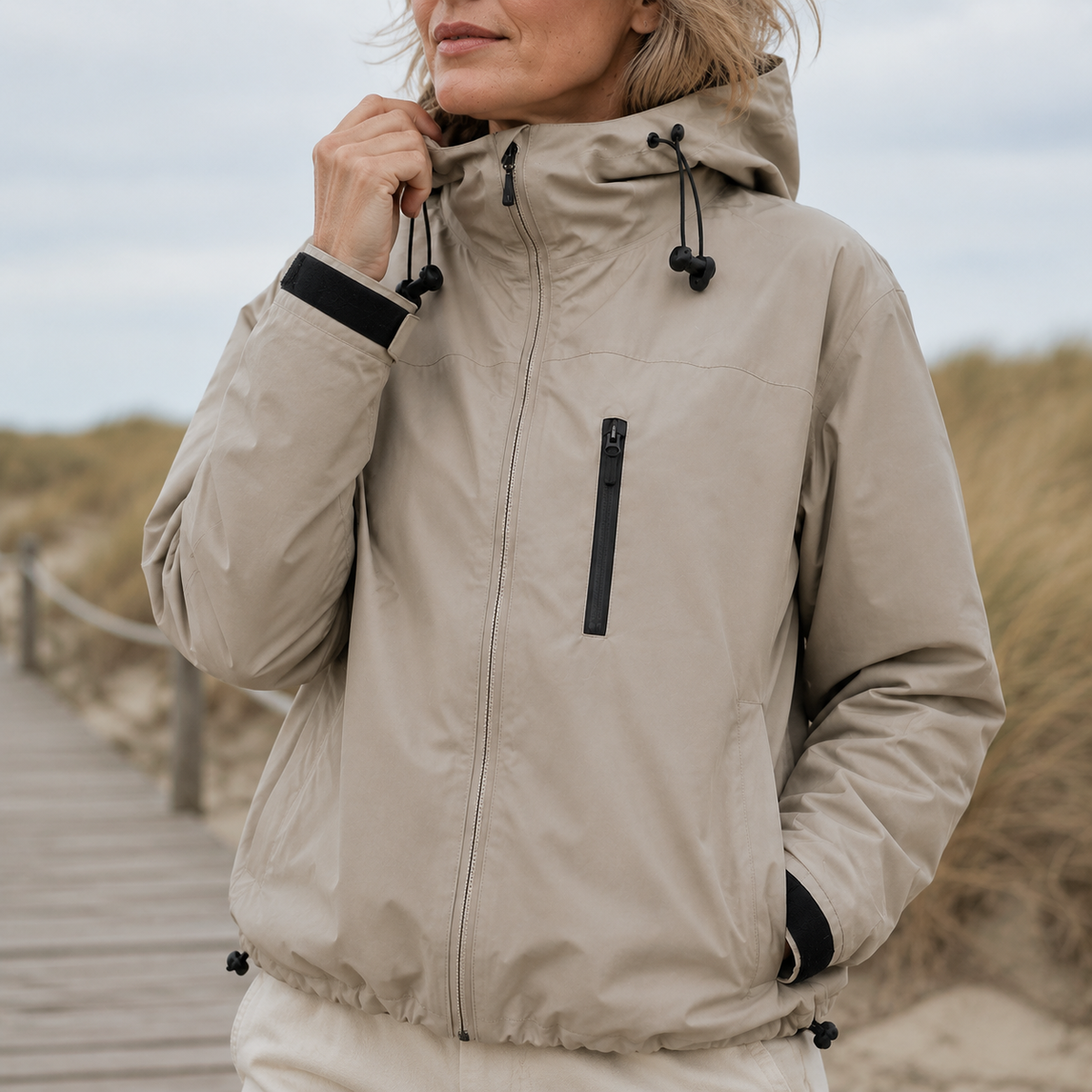Detail van de hoge kraag, capuchonkoorden en zwarte borstzak van een beige damesjas.